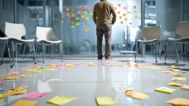 Individual in contemporary workspace analyzes wall filled with vibrant sticky notes, surrounded by empty chairs, scattered notes on ground. Atmosphere reflects innovation, teamwork
