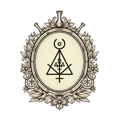 Obraz premium Intricate illustration of an occult symbol within an ornate oval frame adorned with floral patterns and celestial motifs on a beige background.