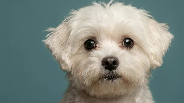 A fluffy white Maltese dog with expressive dark eyes is centered against a teal studio backdrop. Soft studio lighting illuminates the dog's face