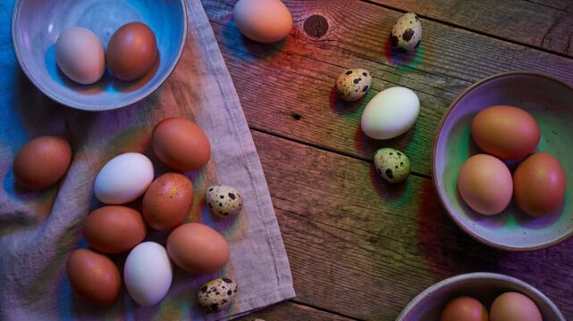 Collection Of Chicken And Quail Eggs Arranged On A Rustic Wooden Table Lit With Colorful Mood Lighting Creating An Artistic Food Still Life
