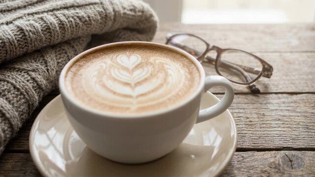 Cozy Morning Coffee Break with Latte Art and Warm Sweater on Rustic Wooden Table with Glasses