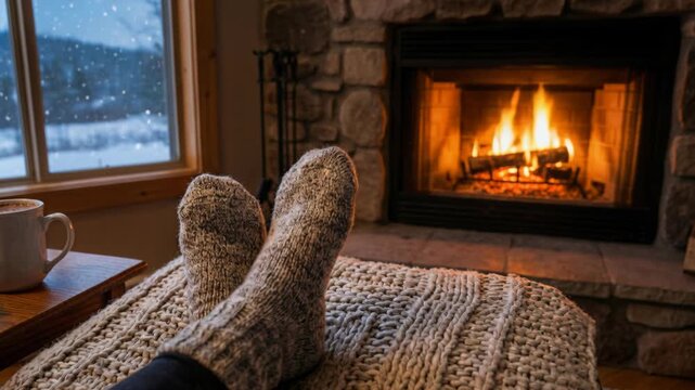 A person wearing cozy knitted socks relaxes by a warm fireplace with a hot drink next to a window with snow falling outside