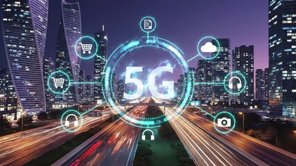 5g technology concept over city highway at night with connected digital icons for commerce, cloud, media, and photography, 4k high quality video - Powered by Adobe