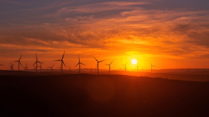 Naklejka premium Wind turbines silhouetted against a vibrant orange sunset with cloudy sky