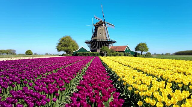 Traditional dutch windmill standing amidst vibrant rows of purple and yellow tulips under a bright blue sky, 4k high quality video