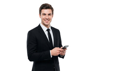 Portrait of a smiling young businessman using a mobile phone, isolated on transparent background
