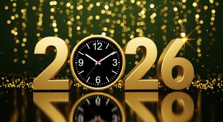 Golden 2026 numbers with clock over dark green with blurred lights