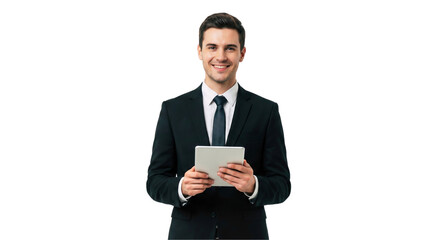 Portrait of a smiling businessman using a digital tablet for presentation, isolated on transparent background