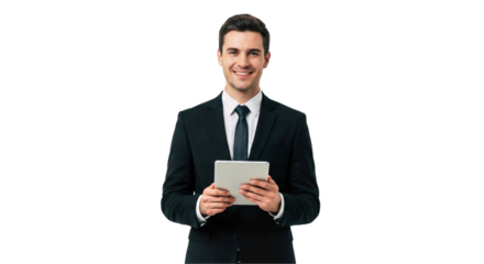 Portrait of a smiling businessman using a digital tablet for presentation, isolated on transparent background
