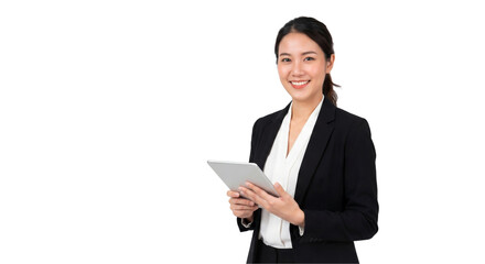 Smiling young business woman holding a tablet for presentation, isolated on transparent background