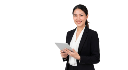 Smiling young business woman holding a tablet for presentation, isolated on transparent background
