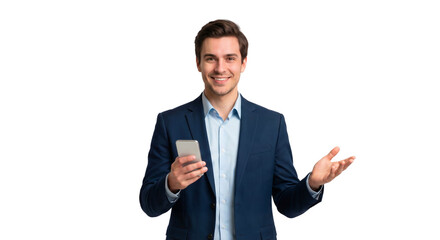 Confident young entrepreneur holding a mobile phone, ready for presentation, isolated on transparent background, png