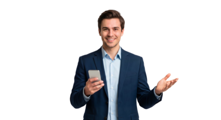 Confident young entrepreneur holding a mobile phone, ready for presentation, isolated on transparent background, png