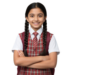 Smiling young Indian schoolgirl in uniform isolated on transparent background