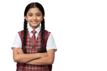 Smiling young Indian schoolgirl in uniform isolated on transparent background