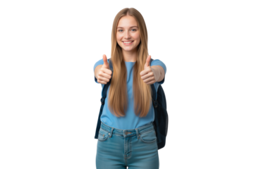 Happy young female student smiling and giving thumbs-up, isolated on transparent background