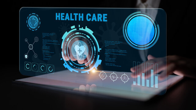Digital health care technology and medical data dashboard concept. An interface for patient information, diagnostics, and monitoring health records. Motif