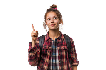 Young woman student with a backpack, pointing her finger up with a thoughtful and inspired expression, isolated on transparent background