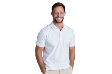 Portrait of a smiling man in a white polo shirt standing isolated on transparent background