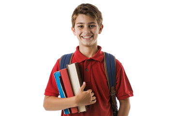 Cheerful schoolboy wearing a red polo shirt and a blue backpack, holding a stack of books isolated on transparent background