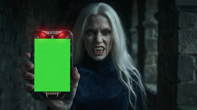 Vampire Woman with White Hair and Blue Velvet Dress in Castle Holding Green Screen Mobile with Glowing Eye Effect
