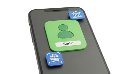 Smartphone with User Profile, Banking and Fingerprint Icons
