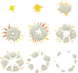Cartoon explosion animation frames with smoke and fire effect vector © Kalidasi