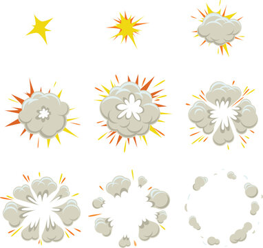 Cartoon explosion animation frames with smoke and fire effect vector