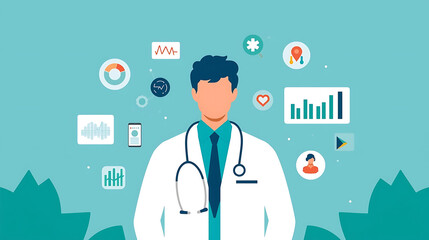 Doctor surrounded by medical and health related icons and graphs