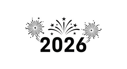 Celebratory fireworks illuminate the year two thousand twenty six in a striking black silhouette
