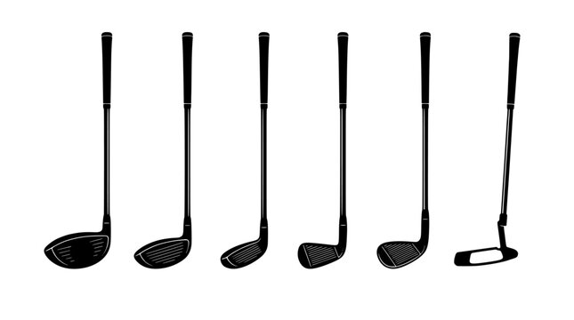 Set of six black golf clubs with varying head shapes on white background