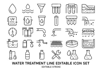Water Treatment Line Icons Set Editable Stroke, Filtration, Purification, Plumbing and Clean Water System Outline Vector Collection
