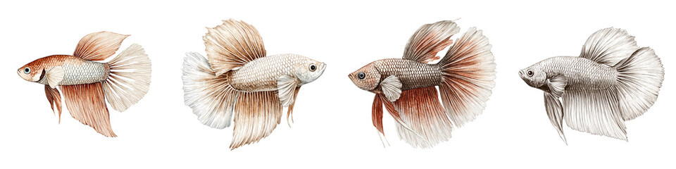 Elegant Betta Fish Watercolor Collection on White
