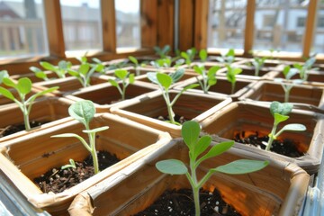 Spring Greenhouse: Seedlings growing inside sunlit farm greenhouse. --chaos 50 --ar 3:2 --profile 1l3n7zg --stylize 150 --v 6 Job ID: b269cca8-8950-4753-ab19-ce985960dad7