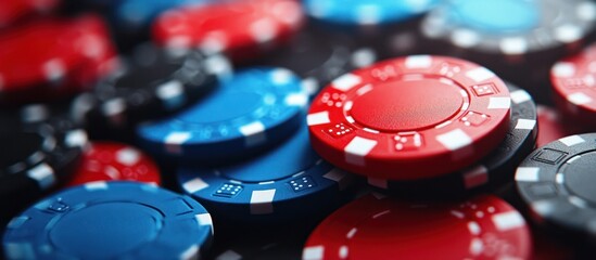 Casino chips close-up, gambling, red blue black