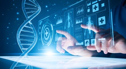 Hands interacting with futuristic dna and digital data hologram display