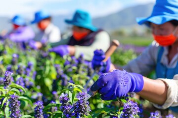 Spring Harvest Prep: Farmers preparing tools beside blooming fields. --chaos 50 --ar 3:2 --profile 1l3n7zg --stylize 150 --v 6 Job ID: 5f46fd51-086b-48a4-80bb-d8960f946203
