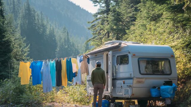 A serene forest campsite features a camper van, laundry drying on a clothesline, and a man enjoying the peaceful wilderness. The image captures eco friendly travel and outdoor living trends