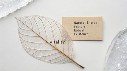 A delicately veined translucent leaf with the word Vitality placed upon it, beside a wooden block with inspirational text about natural energy.