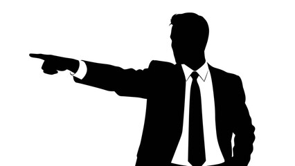 A silhouette illustration of a businessman pointing sideways in a suit and tie on a white background.