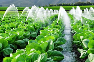 Automated irrigation system watering a lush green agricultural field of leafy crops under a clear sky.