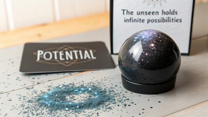 A gleaming obsidian sphere with cosmic galaxy patterns rests on a surface beside a card with the word POTENTIAL