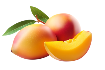 A vibrant still life featuring ripe peaches and a sliced fruit piece