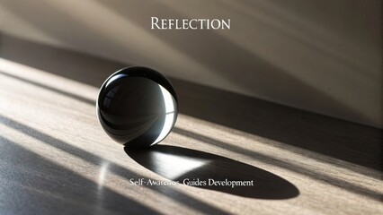 A perfectly round dark sphere casting a long shadow on a wooden surface with diffused sunlight
