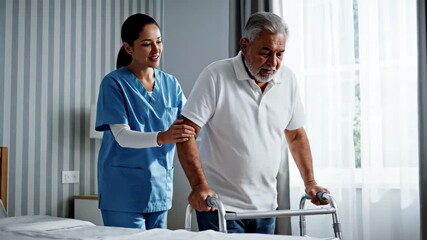 Smiling nurse assisting elderly man with a walker next to a hospital bed, 4k high quality video - Powered by Adobe