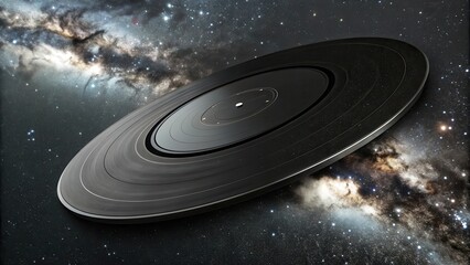 A perfectly smooth obsidian disc with concentric rings floating in a vast cosmic nebula, representing space exploration.