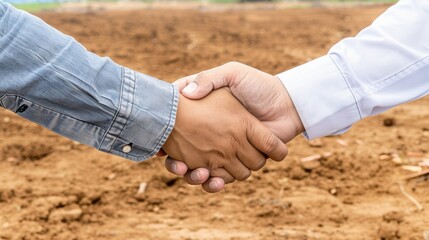 Handshake over bare earth, symbolizing business agreement, partnership, land deal, or development project