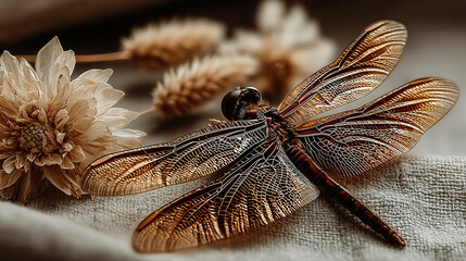 Close-up of a detailed dragonfly resting on a soft surface with flowers.