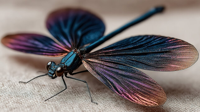 Close-up of a colorful, iridescent dragonfly with detailed wings and segmented body.