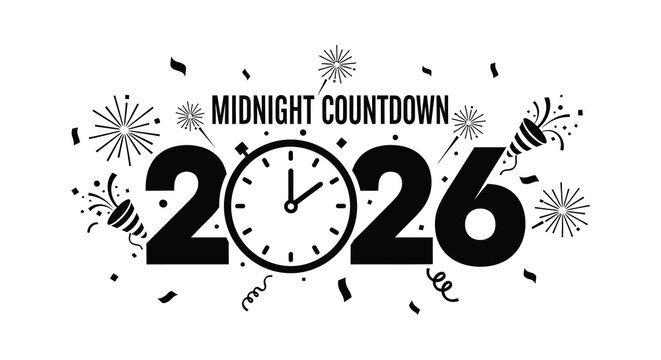 Festive new year celebration with a clock showing midnight and dazzling fireworks silhouette